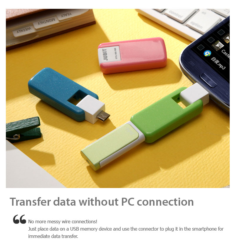 Transfer data without PC connectionNo more messy wire connections!Just place data on a USB memory device and use the connector to plug it in the smartphone for immediate data transfer.