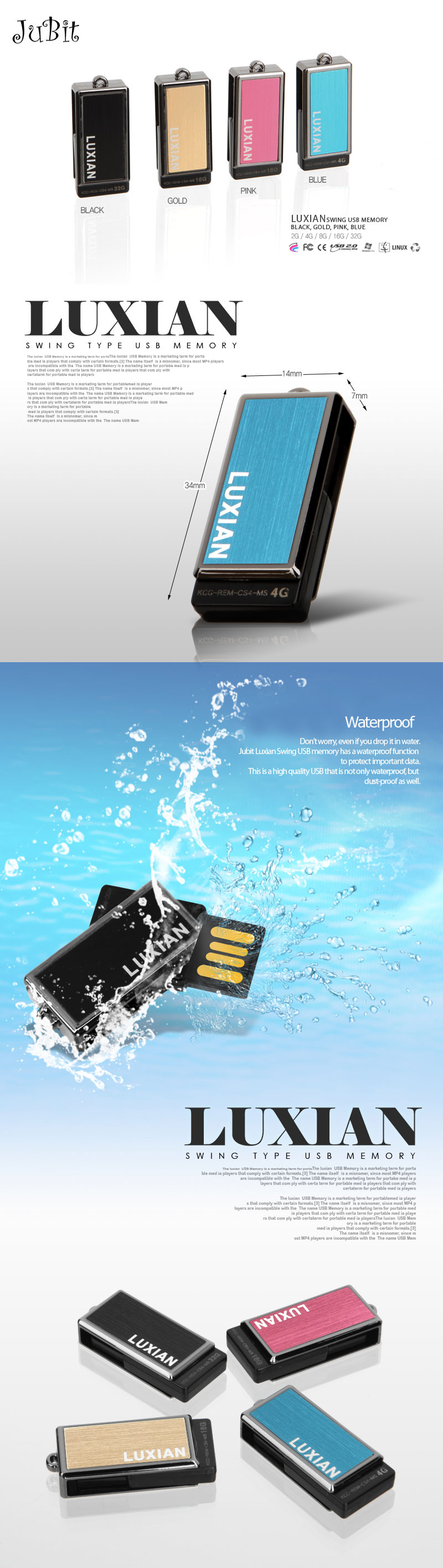 WaterproofDon’t worry, even if you drop it in water.Jubit Luxian Swing USB memory has a waterproof function to protect important data.This is a high quality USB that is not only waterproof, but dust-proof as well.