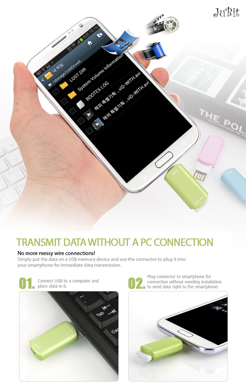 TRANSMIT DATA WITHOUT A PC CONNECTIONNo more messy wire connections!Simply put the data on a USB memory device and use the connector to plug it into your smartphone for immediate data transmission. 01. Connect USB to a computer and place data in it.02. Plug connector to smartphone for connection without needing installation to send data right to the smartphone.