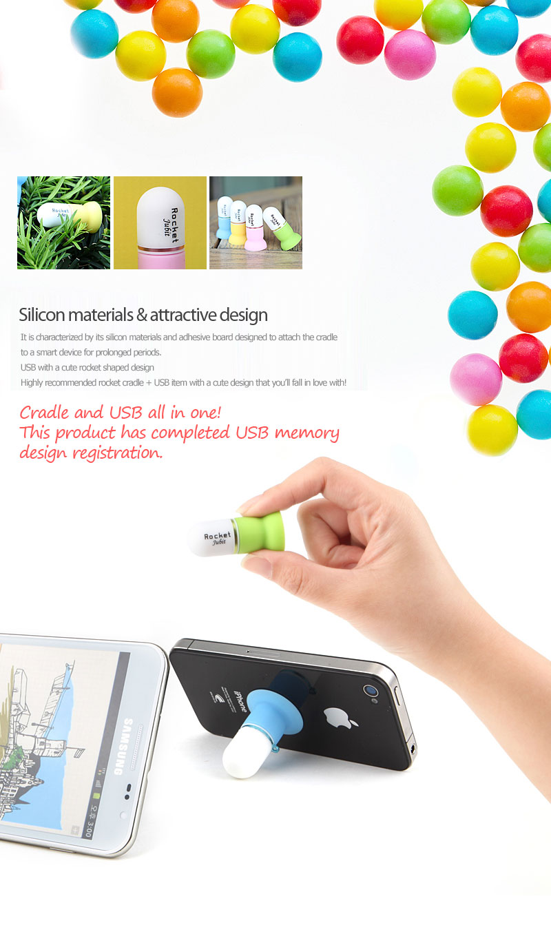 Silicon materials & attractive designIt is characterized by its silicon materials and adhesive board designed to attach the cradle to a smart device for prolonged periods.USB with a cute rocket shaped designHighly recommended rocket cradle + USB item with a cute design that you’ll fall in love with! Cradle and USB all in one! This product has completed USB memory design registration.
